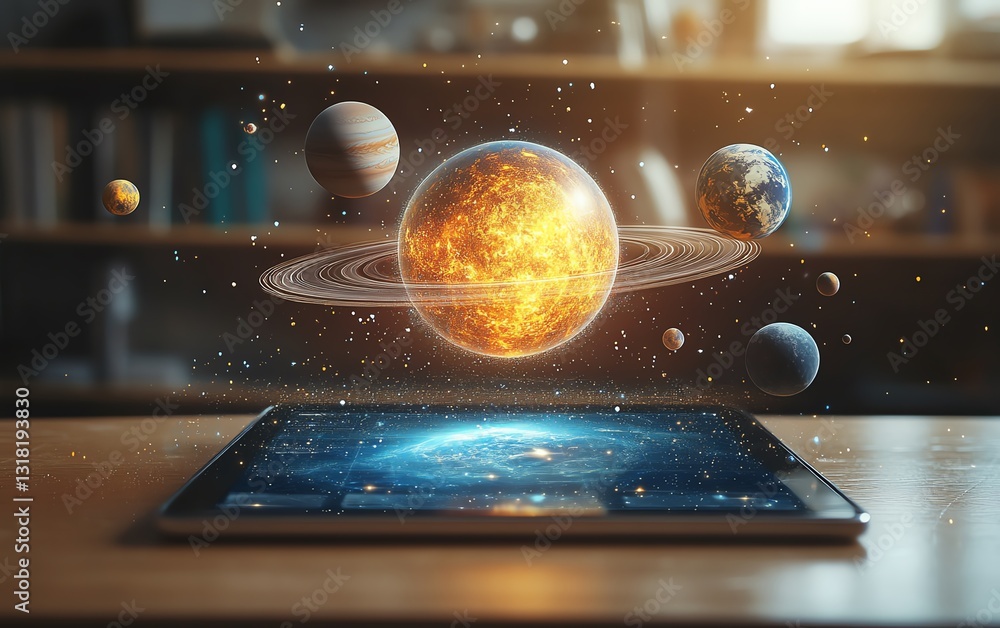 Aufkleber tablet with augmented reality hologram of planets and cosmic elements on a classroom desk, highlight