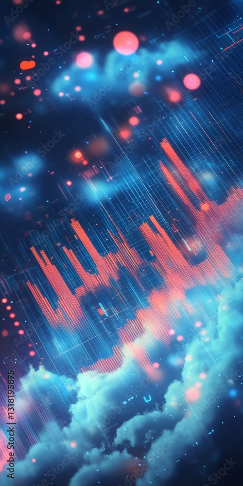 Poster a mesmerizing abstract digital visualization featuring vibrant colors, patterns, and cloud elements,