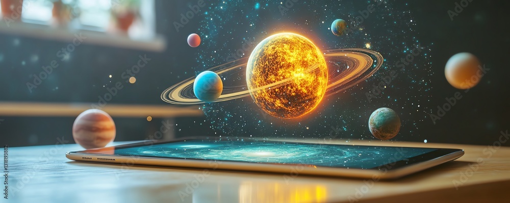 Poster a tablet on a classroom desk displaying an augmented reality hologram with planets and the cosmos, s
