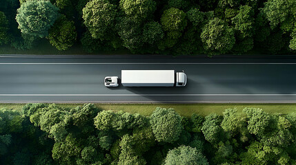 Aerial View Of White Truck On Asphalt Road Surrounded By Lush Green Trees In Daylight
