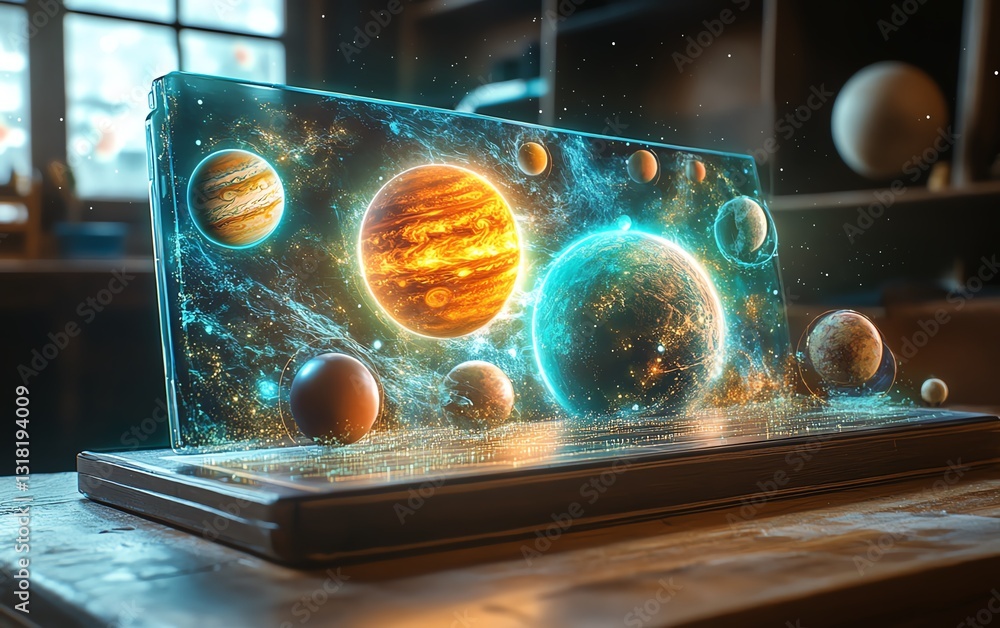 Leinwandbilder augmented reality hologram of planets and cosmos displayed on a tablet in a classroom, representing 