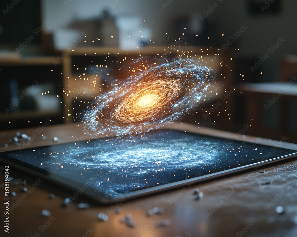 Poster augmented reality hologram of the universe projected on a tablet in a classroom, illustrating ar s r