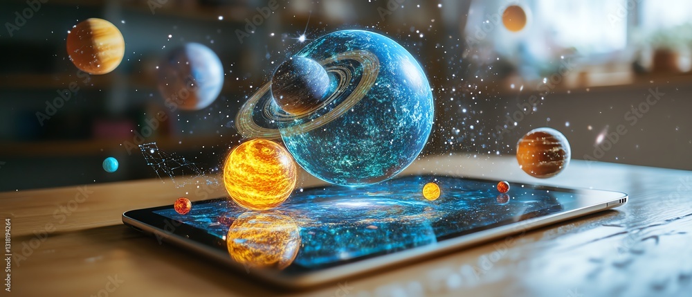 Aufkleber Classroom desk with a tablet displaying a vivid augmented reality hologram of planets, stars, and cosmos, illustrating engaging and interactive AR learning tools