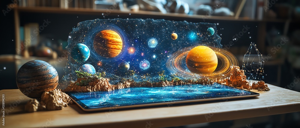 Poster classroom desk with a tablet displaying a vivid augmented reality hologram of planets, stars, and co