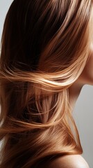 Naklejka premium Beautiful model girl with Brown hair strand,silky healthy chestnut wavy hair strand,hair wavy ribbon, with smooth,Keratin straightening,Treatment,straight long hair,procedures,Smooth hairstyle.