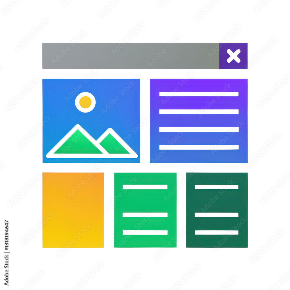 Poster colorful digital user interface design featuring image placeholders, text boxes, and a close button 