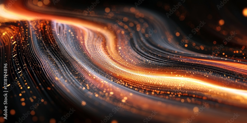 Poster experience an enchanting scene of flowing light trails with vibrant orange and gold particles. this 