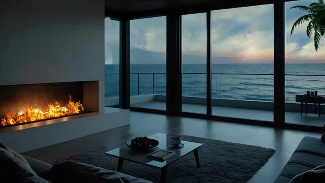  Cozy living room with fireplace and beach view through the window, relaxing home interior design