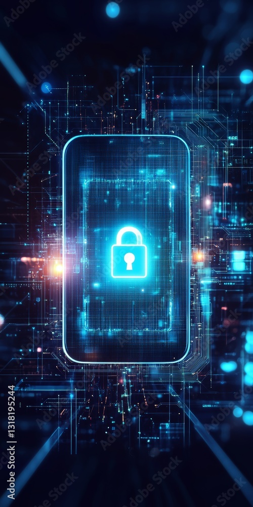 Poster a blue screen with a glowing lock symbol on it. the lock symbol is surrounded by a network of blue l