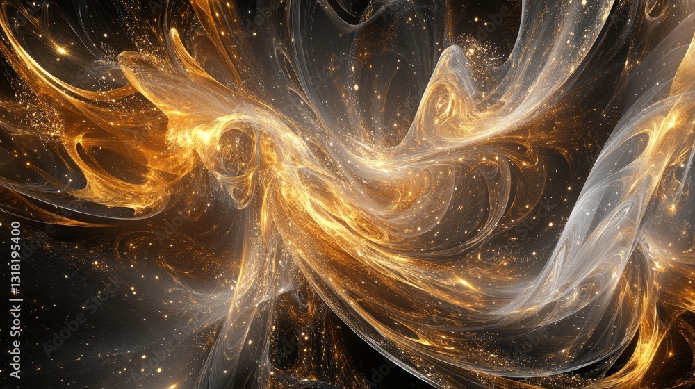 Poster this captivating abstract design features swirling golden and silver elements, creating a mesmerizin