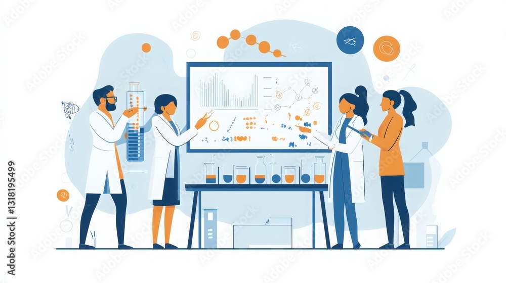 Poster team of scientists analyzing research data in a laboratory setting illustration