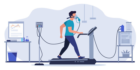 Man performing a treadmill stress test with an oxygen mask in a medical and sports research laboratory, monitored by advanced equipment