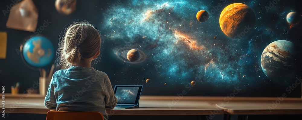 Poster Interactive learning scene with a tablet displaying an AR hologram of planets, stars, and the cosmos on a classroom desk, showcasing the future of education through AR technology