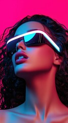 Naklejka premium Close-up of a person wearing illuminated futuristic glasses with blue-tinted lenses