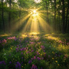 Fototapeta premium Sunlit Forest: A tranquil forest scene where radiant sunbeams pierce through the dense canopy, illuminating a vibrant array of wildflowers. A peaceful depiction of nature's splendor.