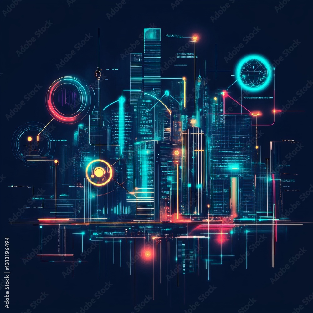 Poster explore a vivid abstract representation of iot solutions in a modern urban setting, showcasing inter