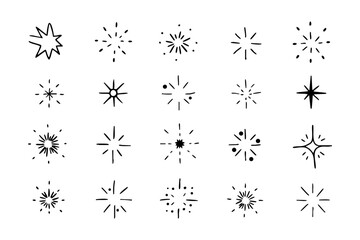 Hand-drawn twinkle star and sparkle icon set for celestial and cosmic design  
