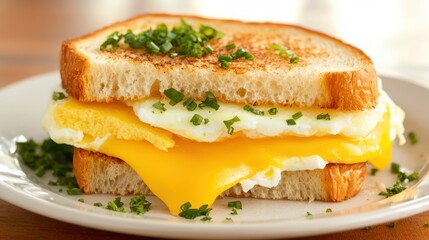 Delicious Egg and Cheese Sandwich on Toasted Bread with Fresh Chives on Plate Perfect Close Up Shot