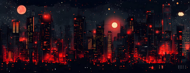 Fototapeta premium Red city night sky, futuristic buildings