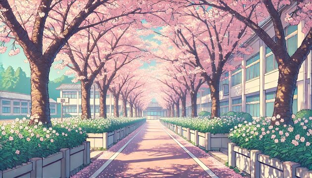 桜並木の通学路(漫画風