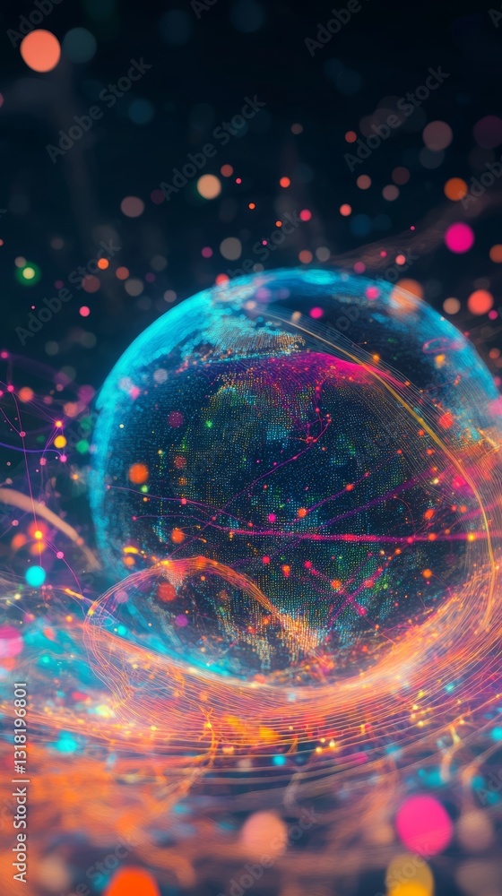 Poster this colorful abstract image depicts a globe surrounded by vibrant light trails, conveying a sense o
