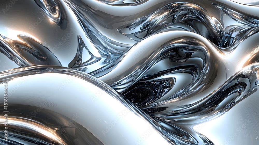 Poster shiny reflective metal abstract forms with wavy dynamic features