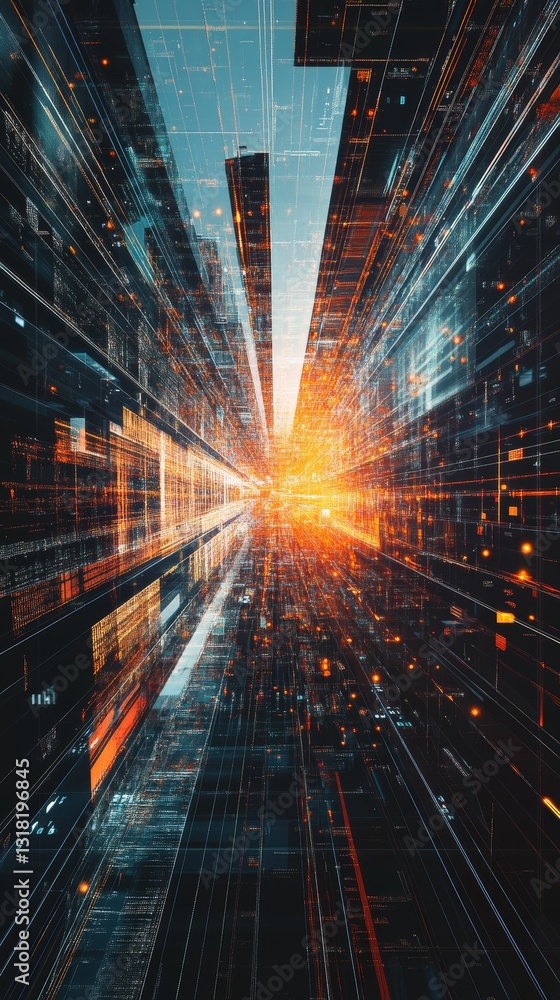 Poster a stunning visual representation of a futuristic cityscape, showcasing dynamic light trails and digi