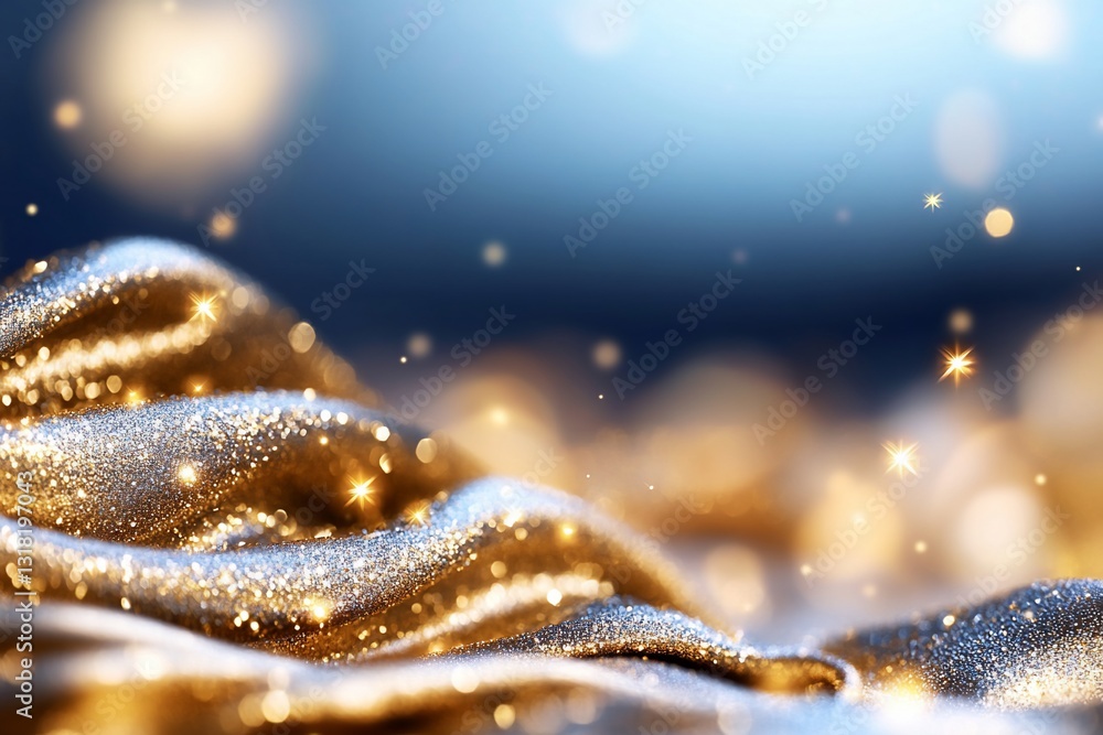 Poster golden draped fabric with sparkling bokeh background for luxury design elements