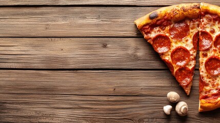 Pepperoni Pizza Slices on Rustic Wooden Surface with Mushrooms Delicious Italian Cuisine Texture Close Up