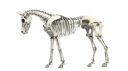 A detailed skeletal model of a horse in a realistic pose. transparent background
