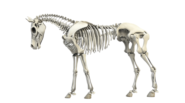 A detailed skeletal model of a horse in a realistic pose. transparent background