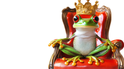 A regal frog sitting on a red throne wearing a golden crown. transparent background