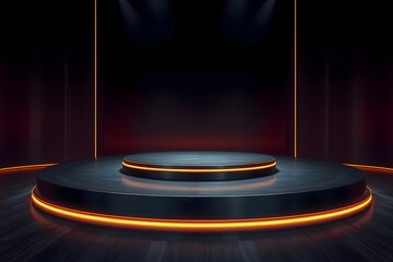 High-end luxury podium made of brushed black metal with thin golden trim – premium display for product presentations