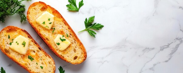 Toasted baguette slice with melting butter and parsley on a marble surface for stock photography