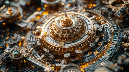 Intricate steampunk-inspired mechanical structure with gold and silver details
