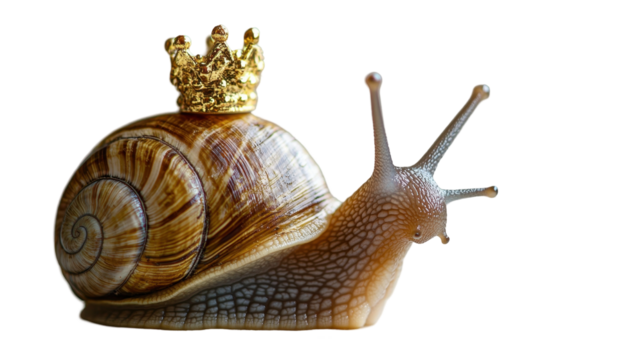 A whimsical snail wearing a golden crown, symbolizing uniqueness. transparent background - Powered by Adobe