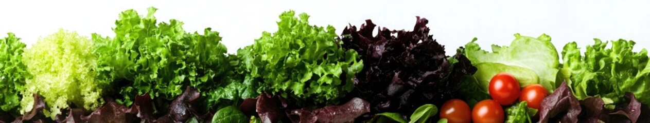 Close-up of fresh salad leaves and vegetables with white space for text on an isolated background, panoramic view