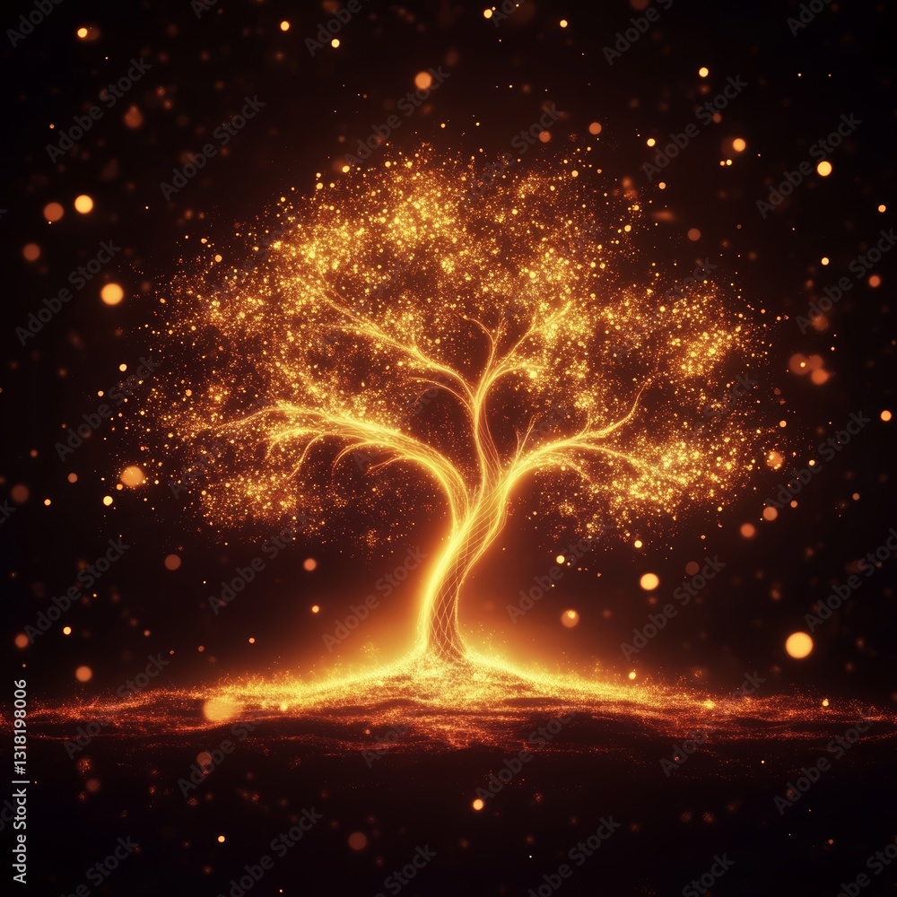 Poster a mesmerizing glowing tree emerges from the darkness, adorned with sparkling particles, creating an 