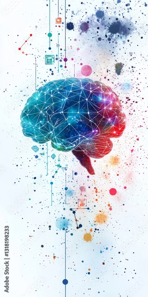 Poster a colorful brain with a lot of lines and dots surrounding it. the brain is surrounded by a lot of di