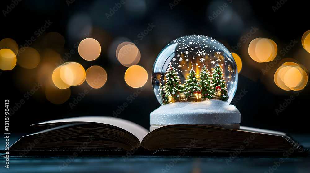 Poster Illuminated Christmas Snow Globe On Open Book With Festive Golden Bokeh Lights In Background On Dark Surface