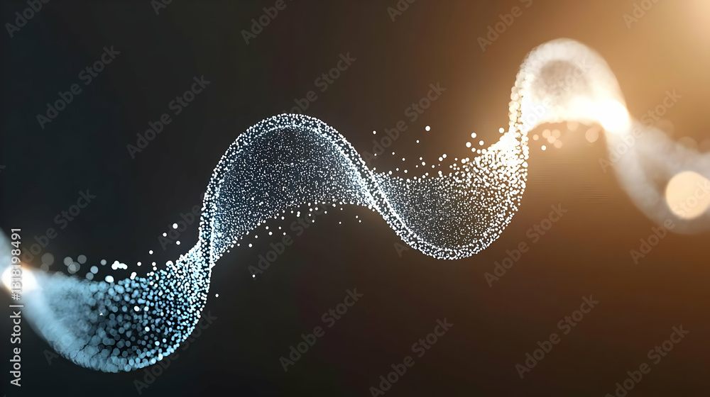 Poster abstract swirling light stream with digital particles on dark background with orange bokeh lighting