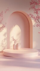 Serene pink display stage with blossom branches elegant vases product background soft light spring style