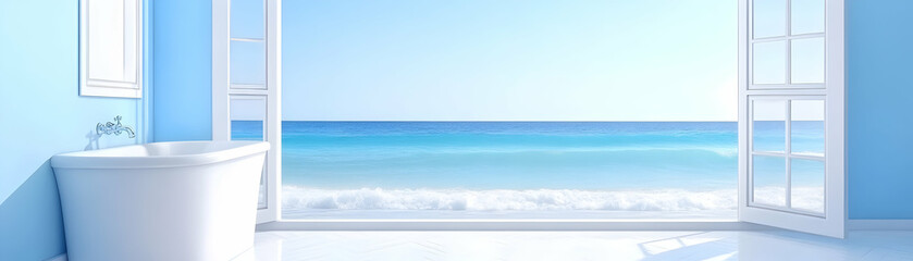 Obraz premium Ocean View Bathroom, Serene Tub by Open Window, Seascape