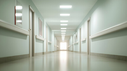 Obraz premium Long Hospital Corridor Interior With Bright Lights And Closed Doors Perspective View White Walls And Floor