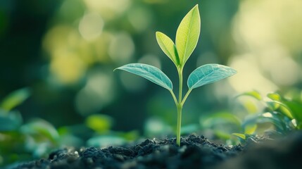 Obraz premium Young green plant sprouting from rich soil with blurred greenery in the background