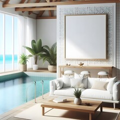 minimalist ocean view living room bathed in natural light from large open space. Frame mockup, Living room wall poster mockup. Interior mockup with house, resort background. Modern interior design. 