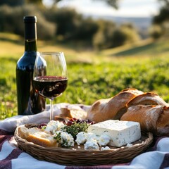 Rustic picnic setting with red wine cheese and bread on a blanket in the countryside during golden hour