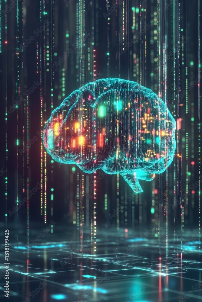 Aufkleber a brain made of colorful lights is displayed in a futuristic setting