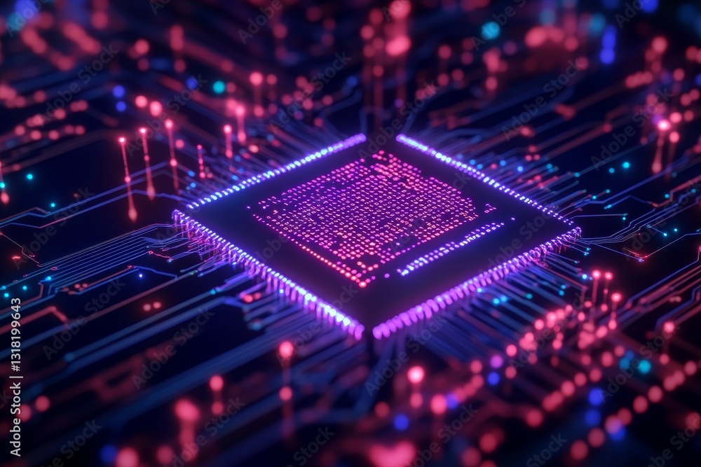 Poster a close-up shot of a colorful microchip on a dark circuit board, showcasing modern technology and vi