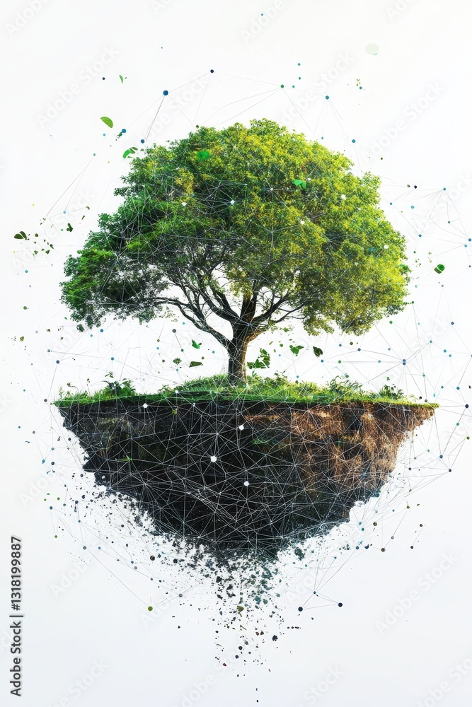 Poster floating tree with network lines and abstract background